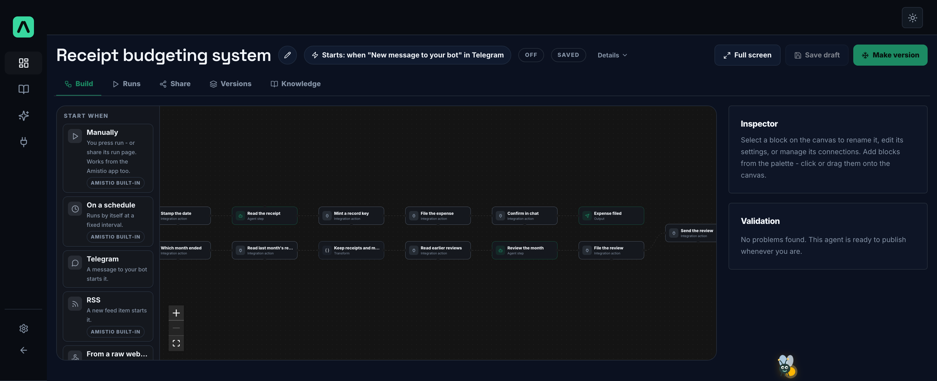 The Amistio builder: the receipt budgeting agent on the visual canvas, its plain-language header with the editable name, always-visible start summary, save state, and one primary action, with the block palette, inspector, and a passing validation panel