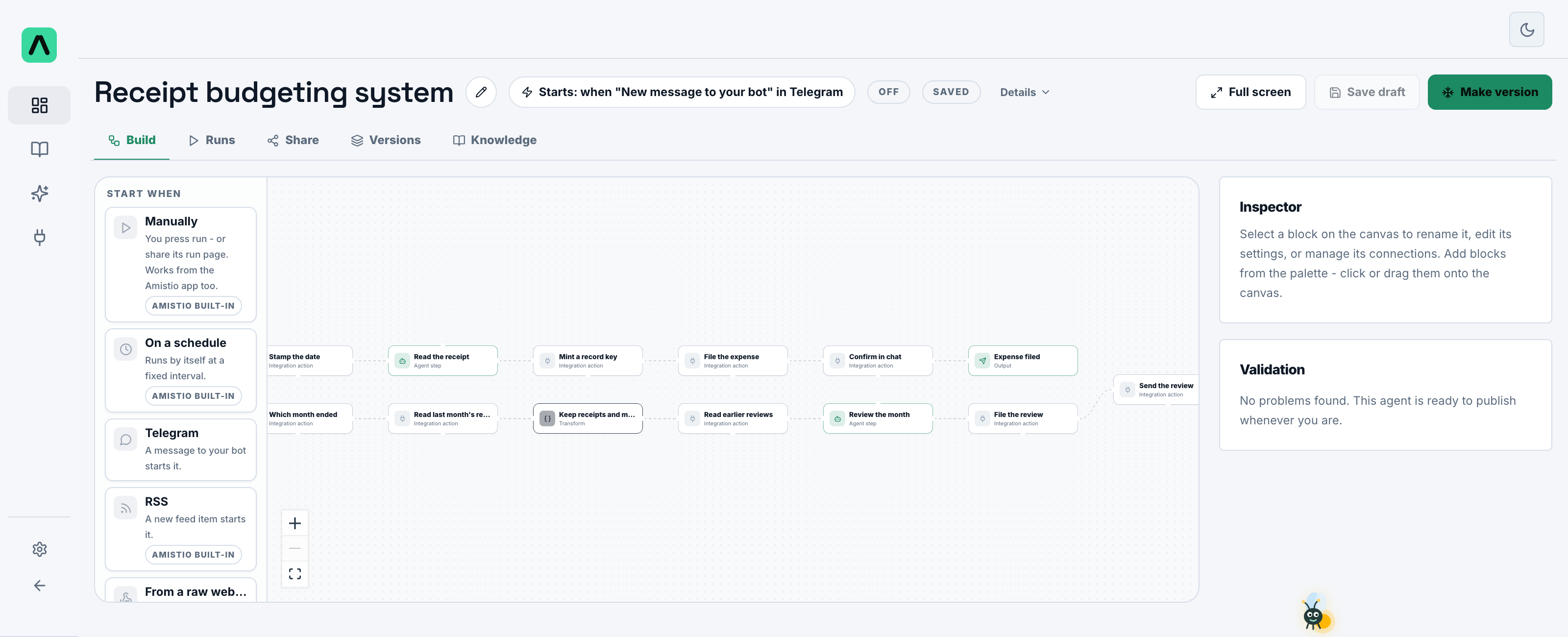 The Amistio builder: the receipt budgeting agent on the visual canvas, its plain-language header with the editable name, always-visible start summary, save state, and one primary action, with the block palette, inspector, and a passing validation panel