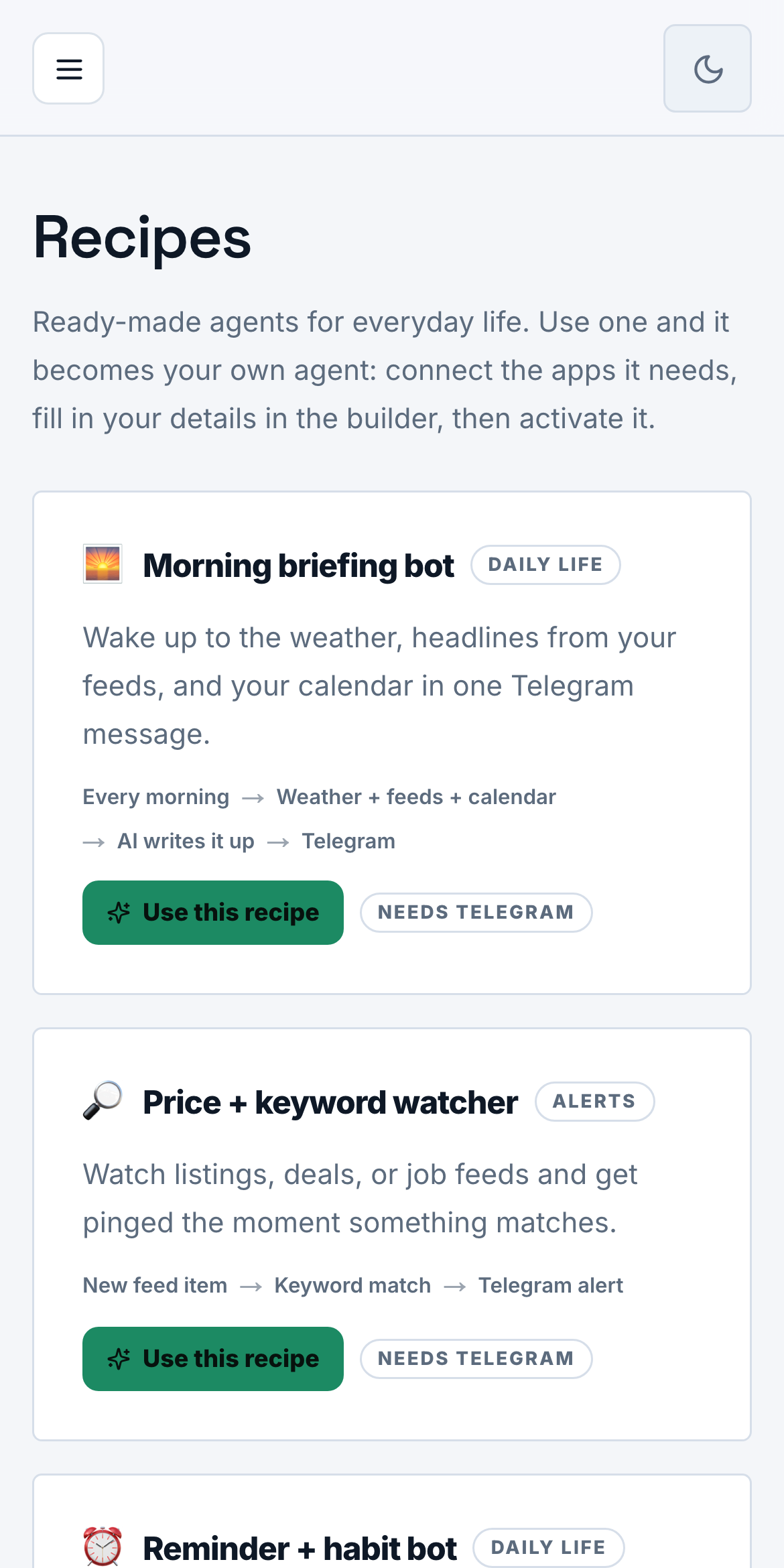 The recipe gallery on a phone: the same ready-made recipes, mobile-first