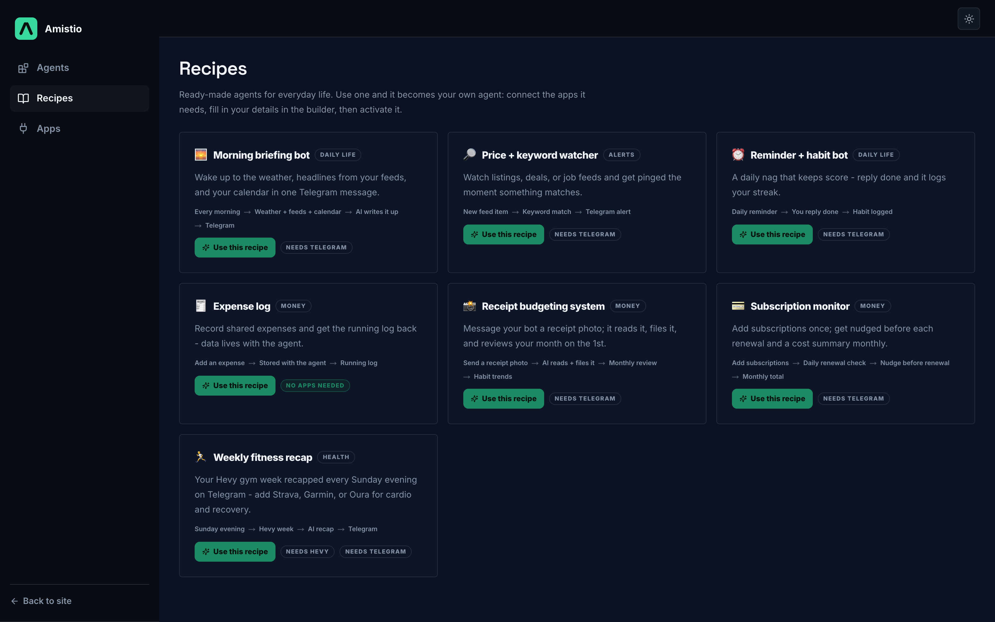 The recipe gallery inside the builder: morning briefing, price watcher, reminder bot, expense log, receipt budgeting, and subscription monitor cards